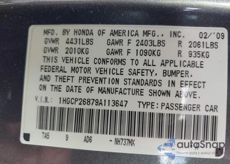 2009 Honda Accord 2.4 Ex-L z USA, uszkodzony, nr VIN 1HGCP26879A113647